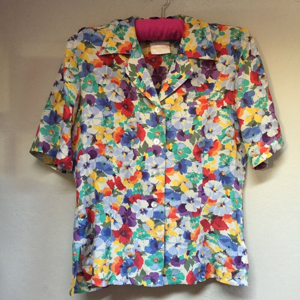 Geiger Collections Size 38 Multicolor Floral Button-Up Short Sleeve Shirt Silk